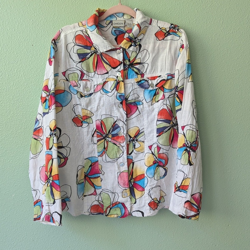 Chicos Womens 100% Linen Floral Rainbow Button Down Shirt Jacket White Size 2 L‎